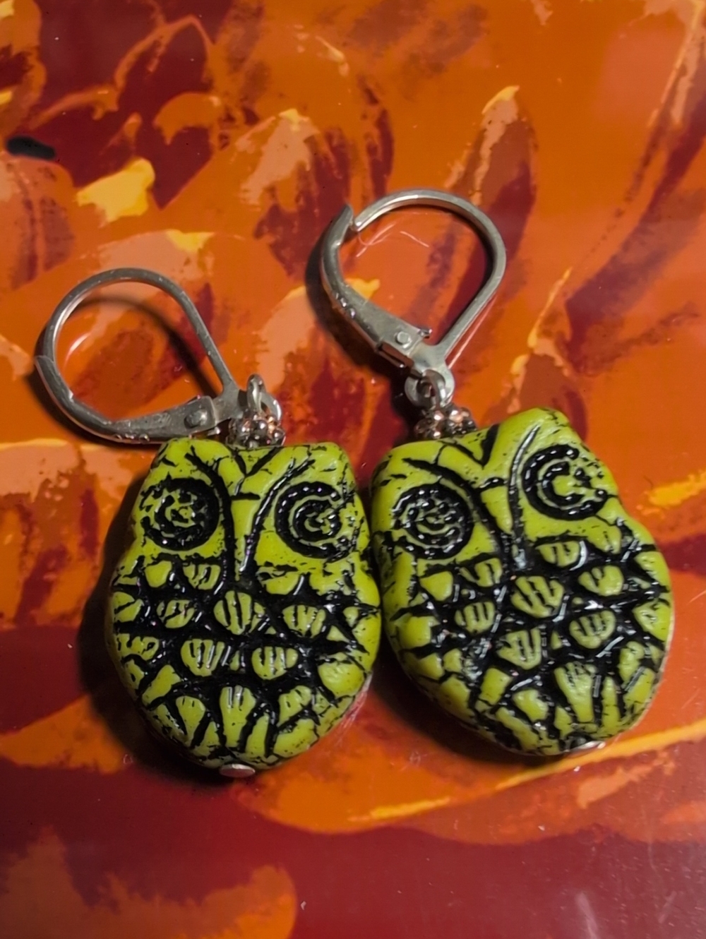 Green Owl Dangle Earrings